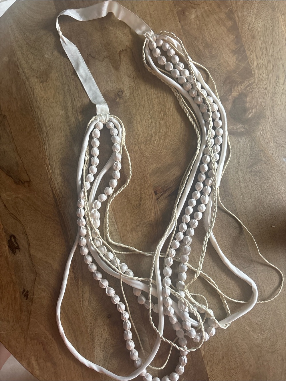 Source Unknown Multi-Strand Cream Ribbon and Bead Necklace